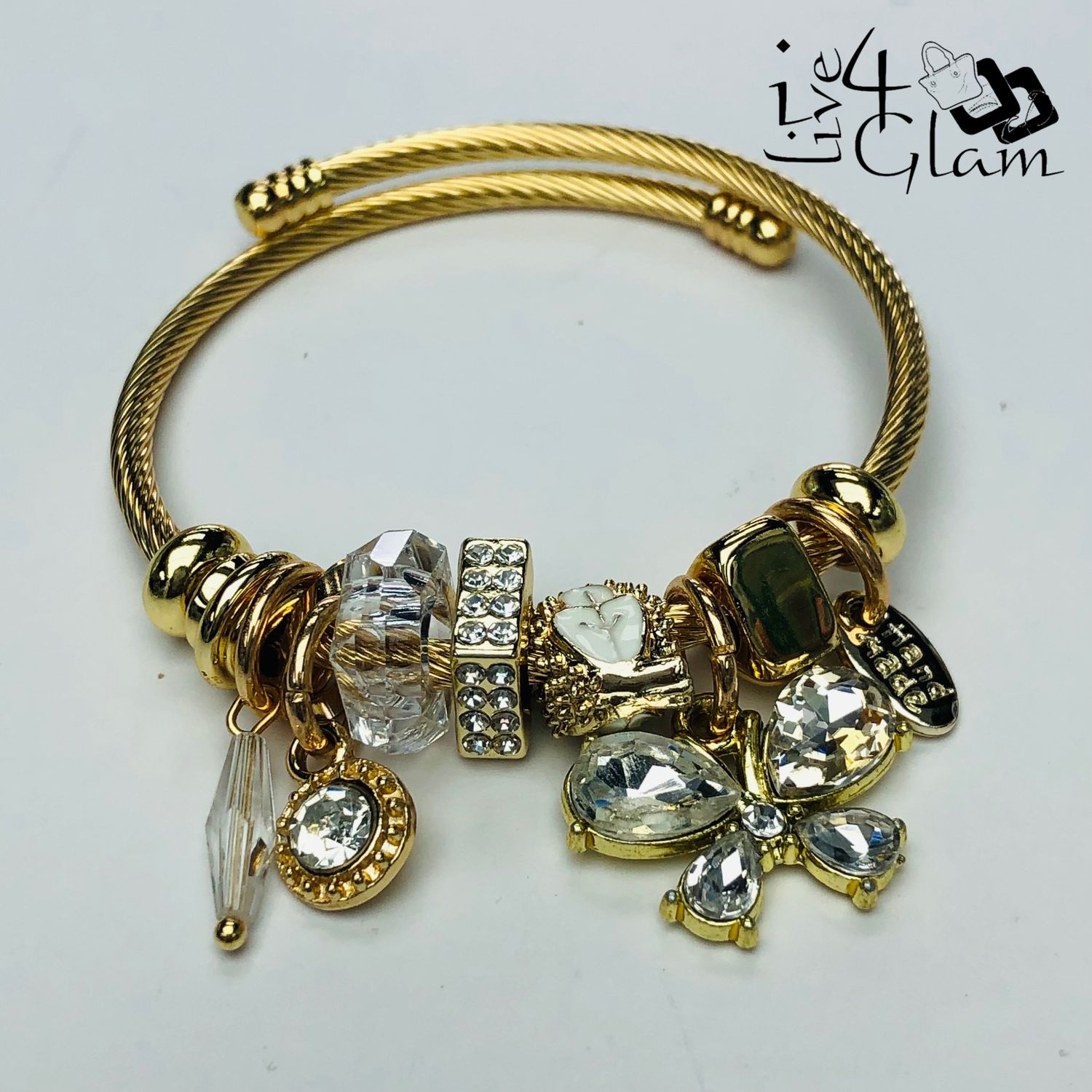 Stainless Steel Snake Link Cz Butterfly Charm Bracelet Clear