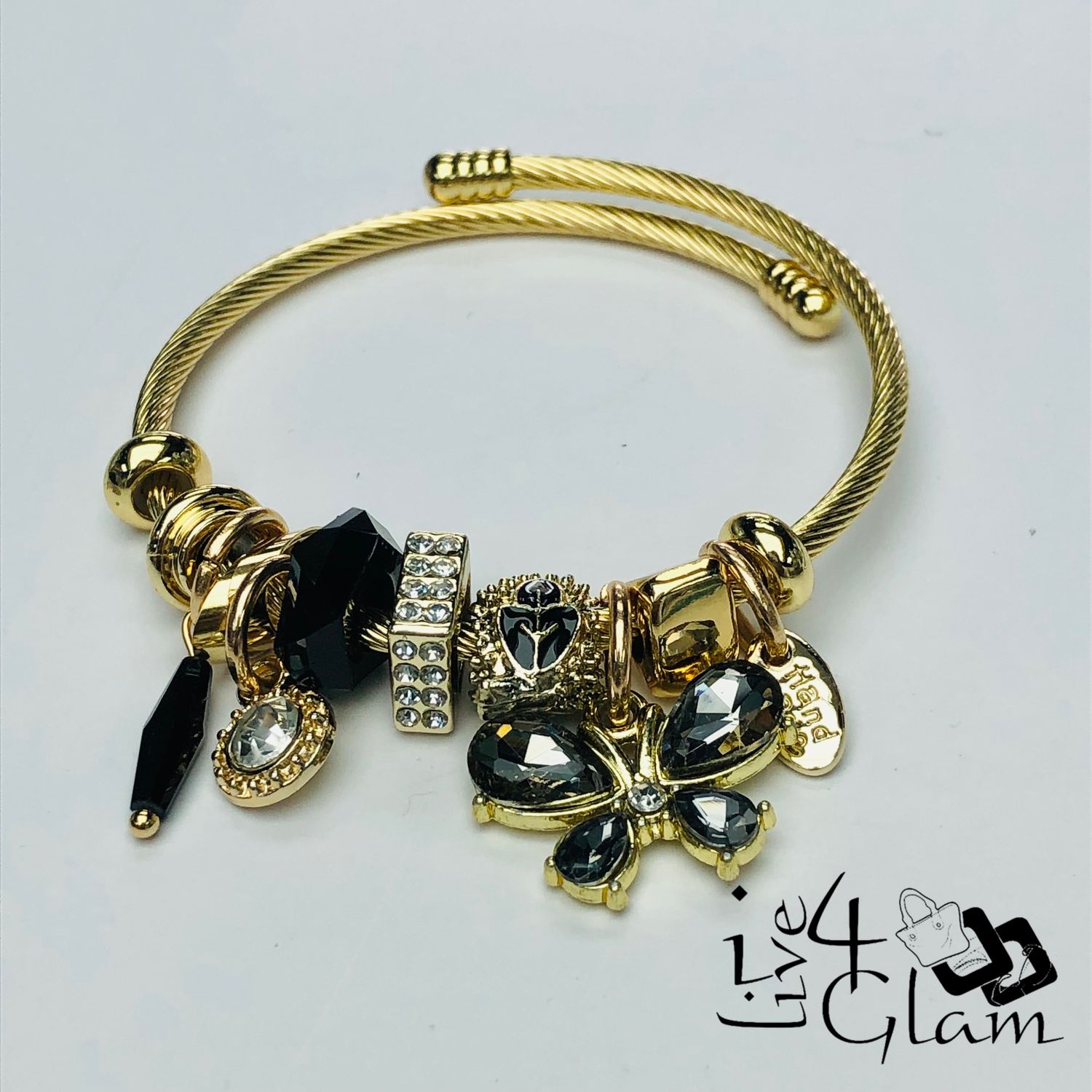 Stainless Steel Snake Link Cz Butterfly Charm Bracelet Black