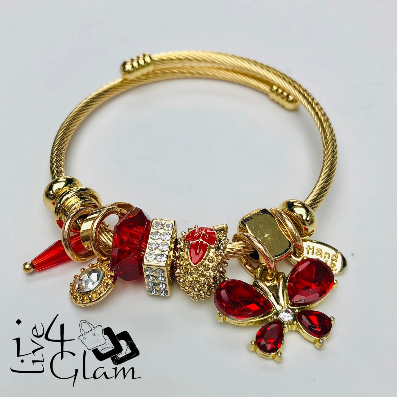 Stainless Steel Snake Link Cz Butterfly Charm Bracelet Red