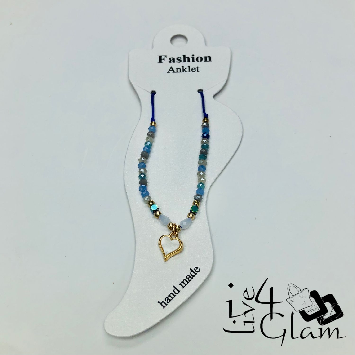 Crystal Heart Charm Anklet Blue