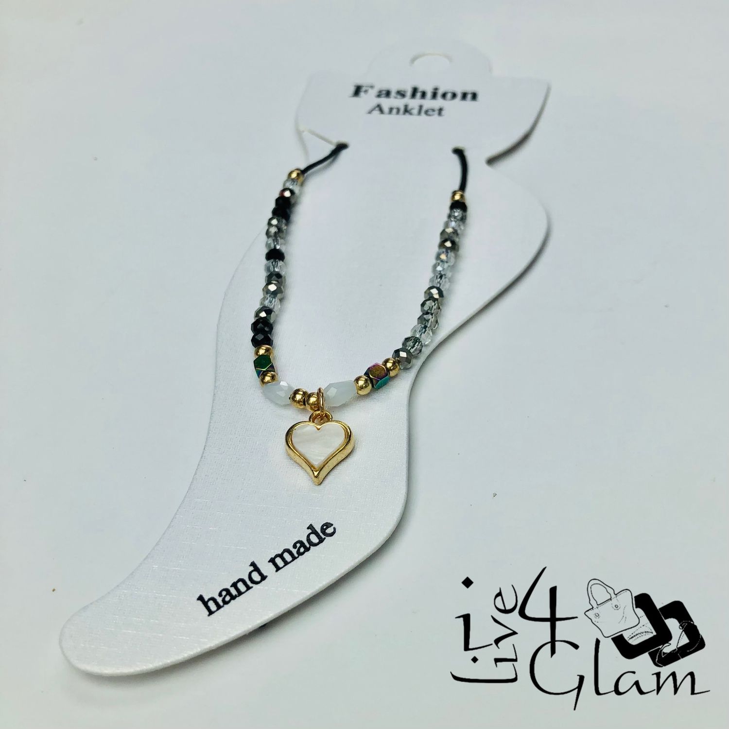 Crystal Heart Charm Anklet Black