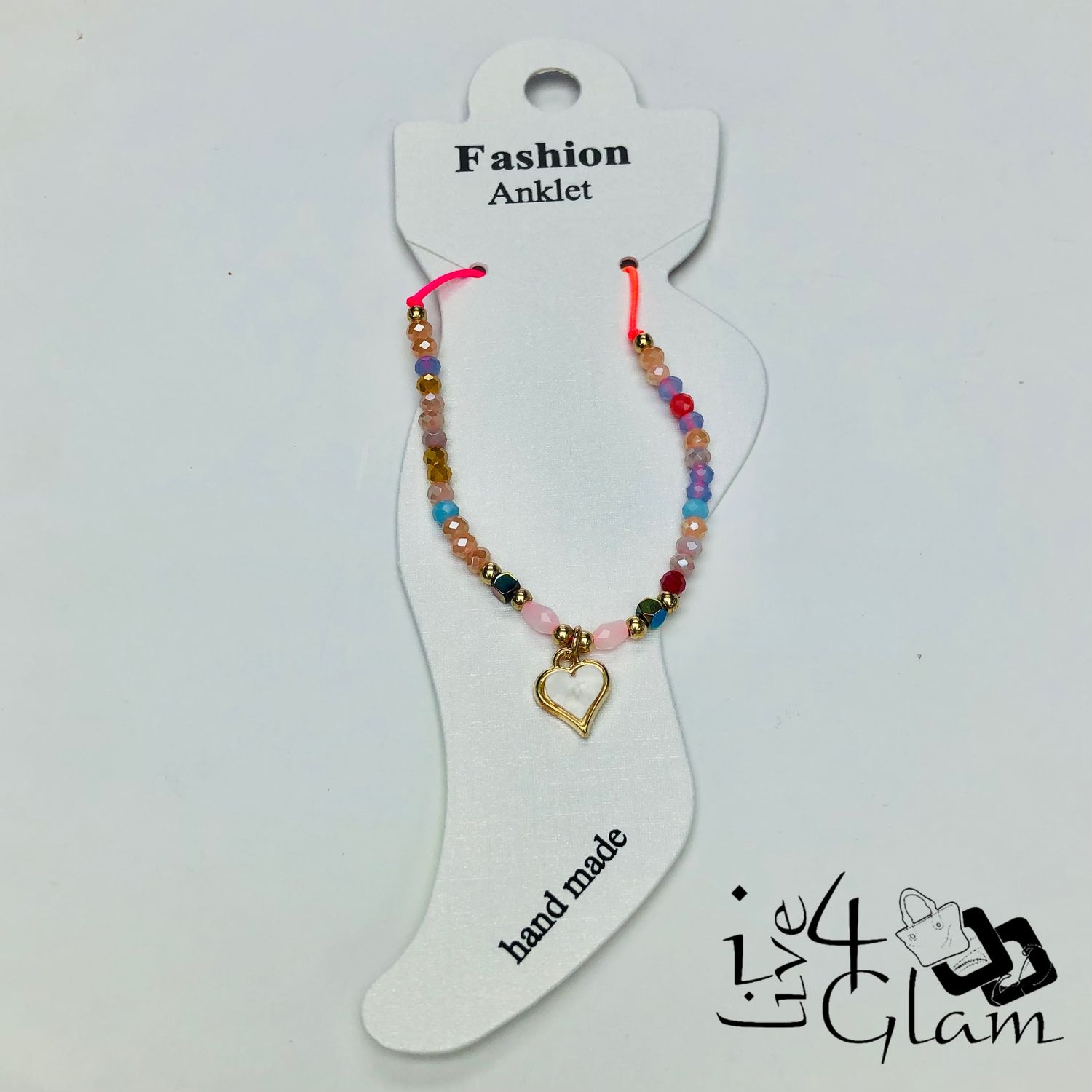 Crystal Heart Charm Anklet Pink
