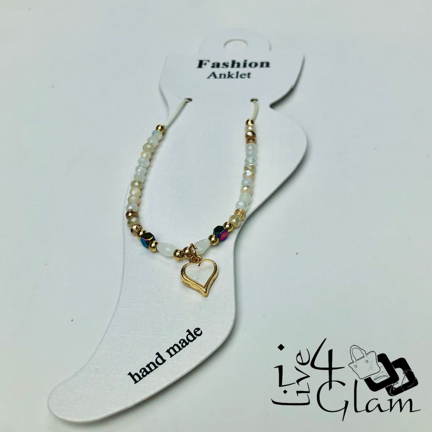 Crystal Heart Charm Anklet White