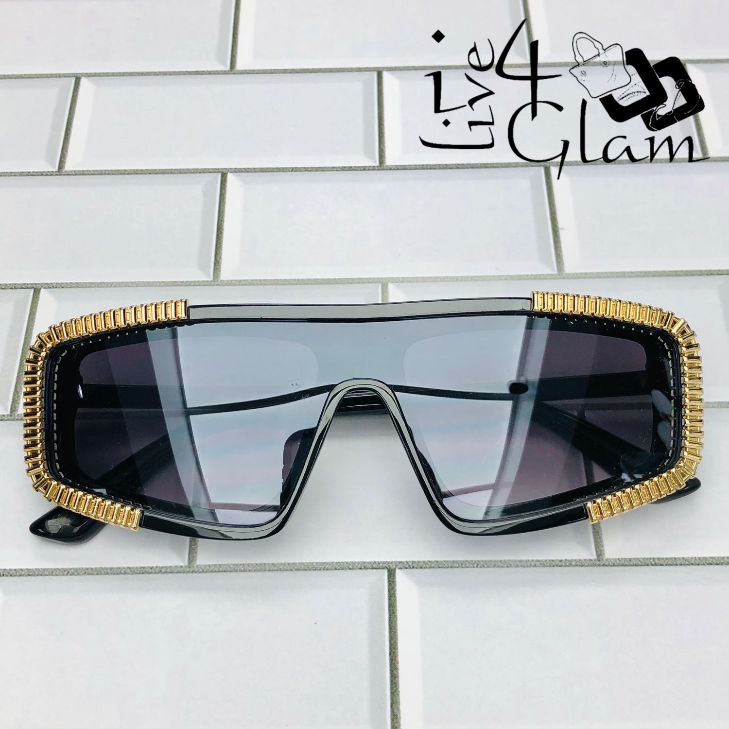 Gold Rhinestone Sunglasses , Color: Black