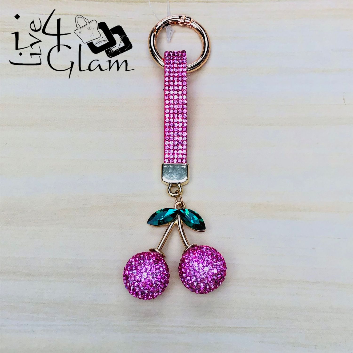 Pink Rhinestone Cherry Charm Keychain