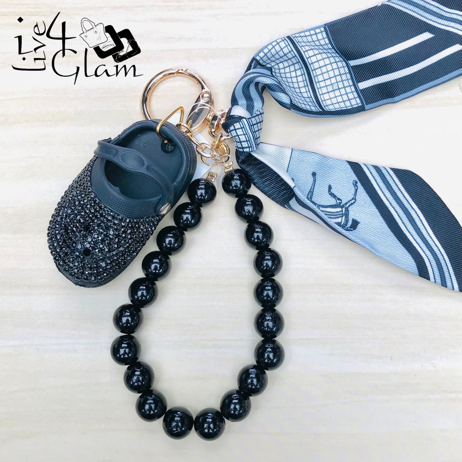 Croc Charm with Silk Scarf Keychain Black