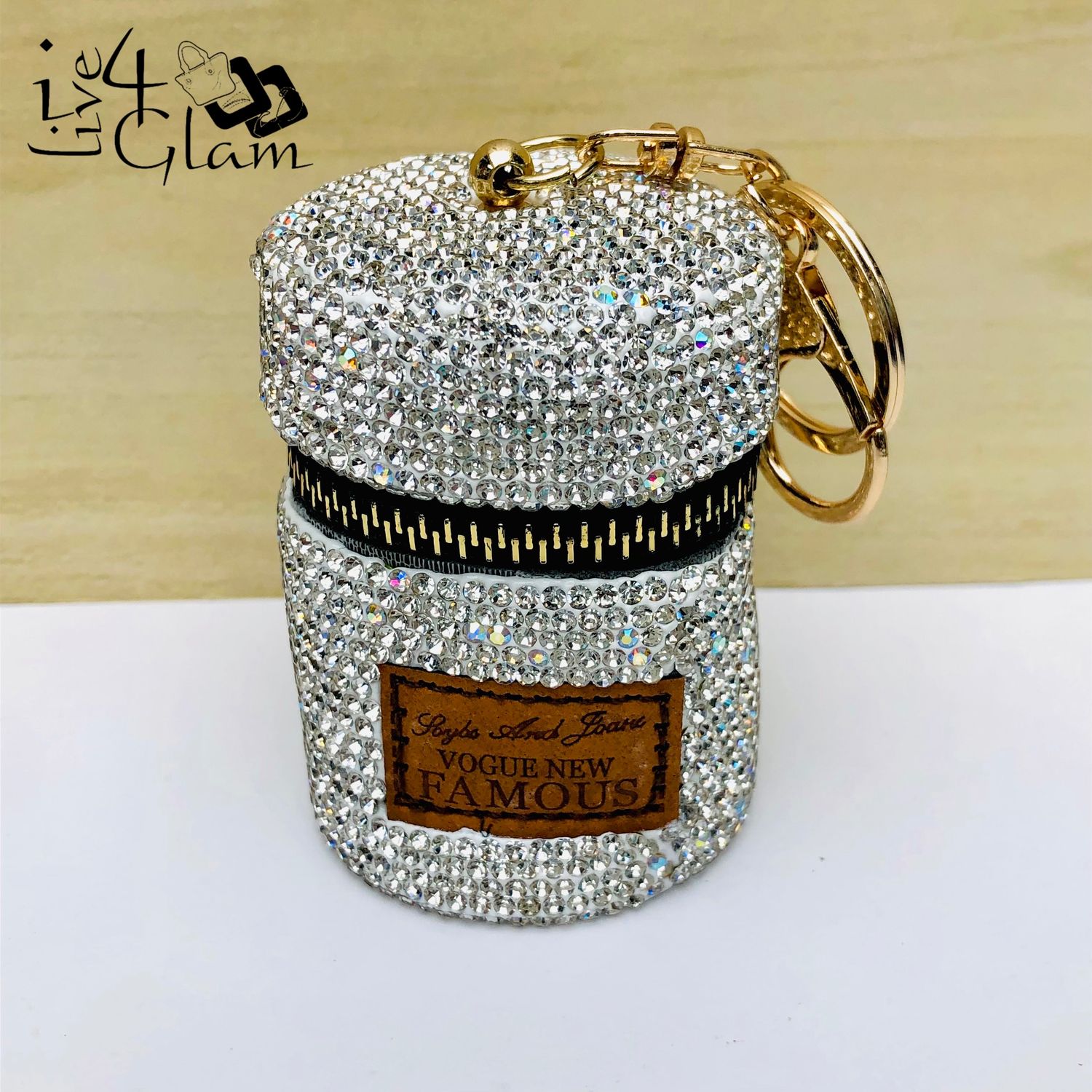 Rhinestone Pouch Keychain White