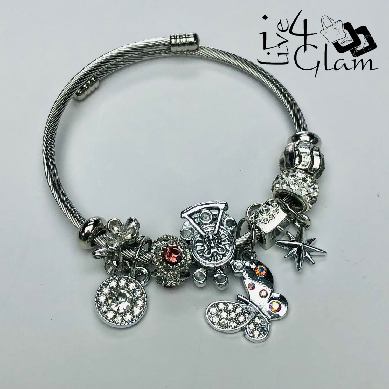 Stainless Steel Snake Link Butterfly Charm Bracelet Dark Pink