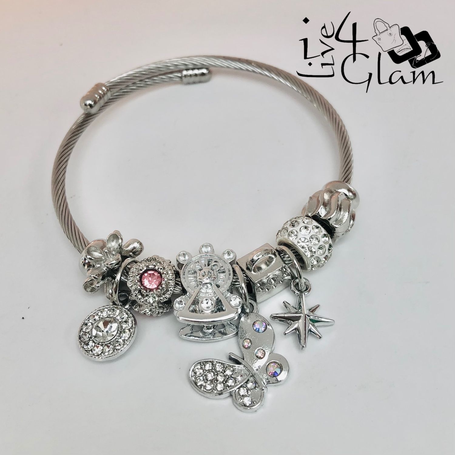 Stainless Steel Snake Link Butterfly Charm Bracelet Pink