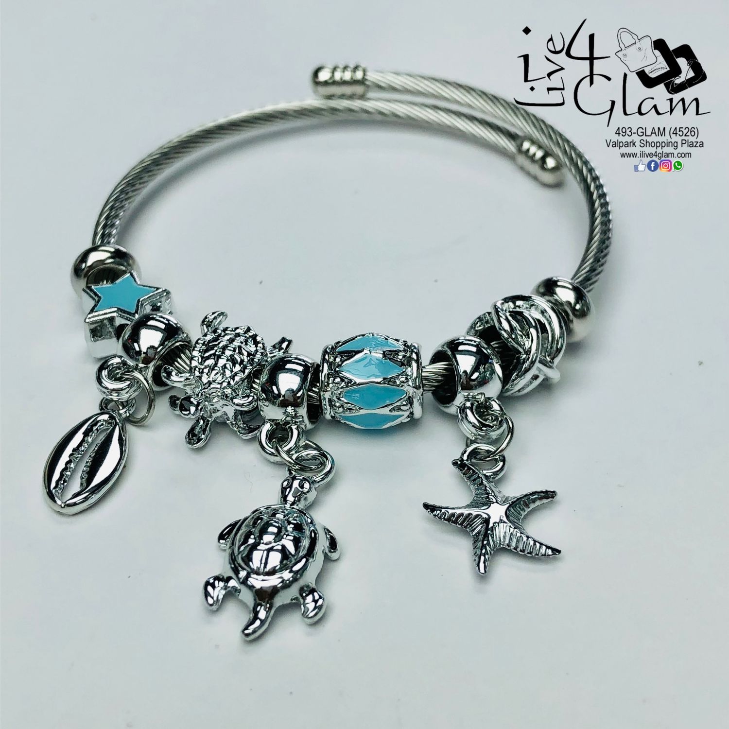 Stainless Steel Snake Link Turtle Charm Bracelet Blue