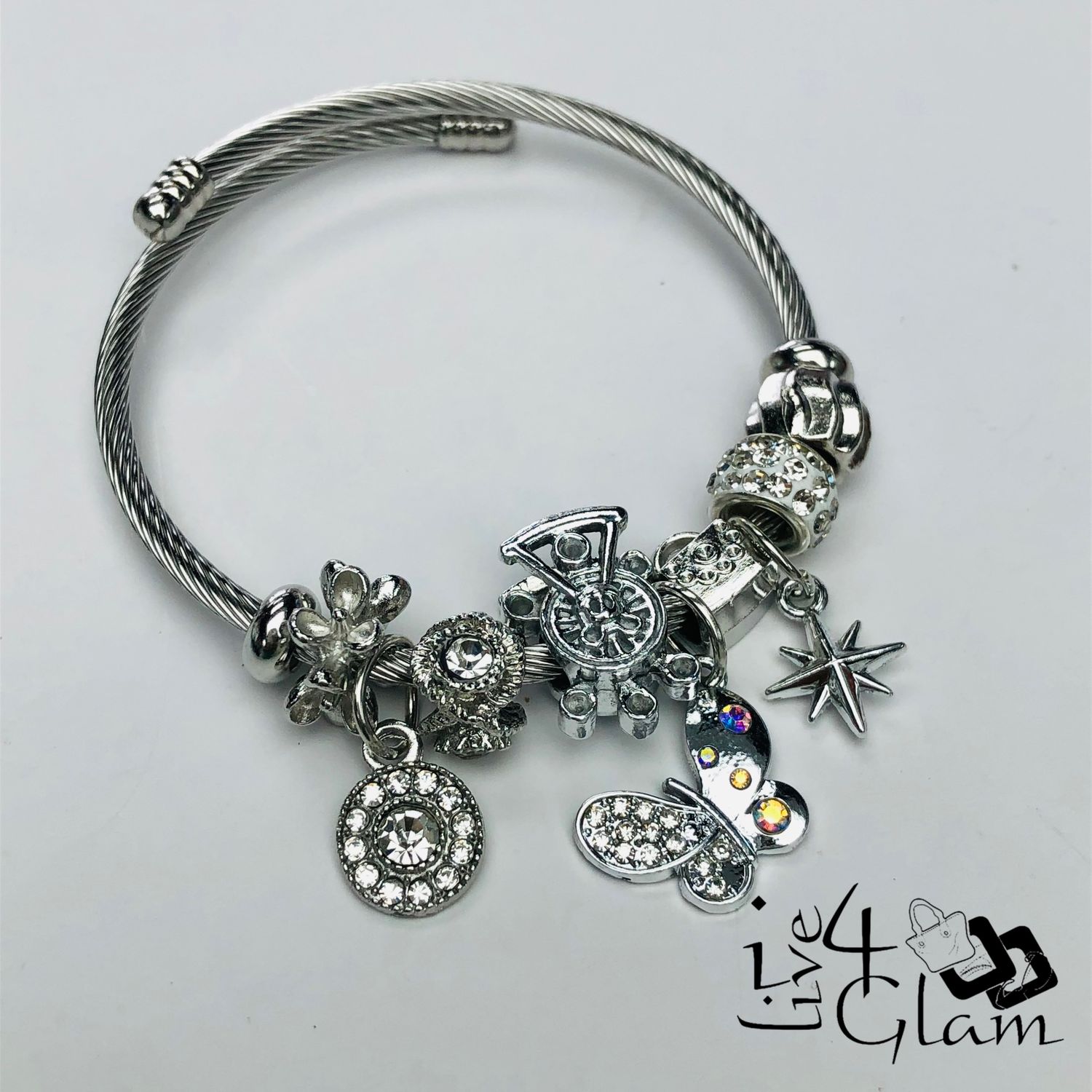 Stainless Steel Snake Link Butterfly Charm Bracelet Clear