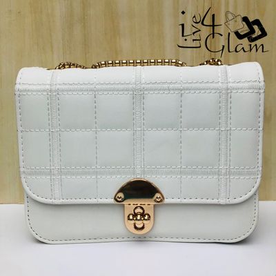 Quilted Square Pattern Bag with Gold Shoulder Strap White