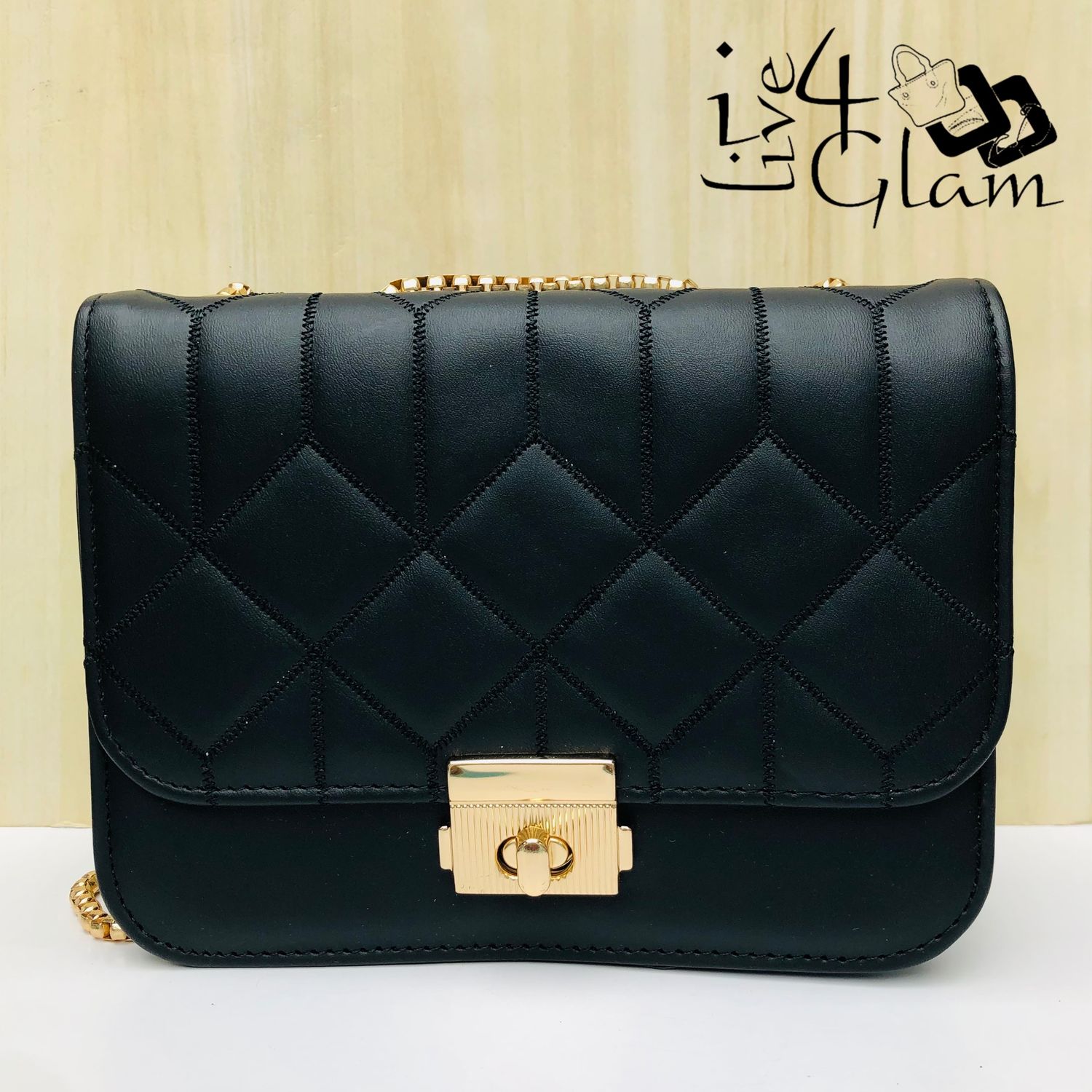 Quilted Diamond Pattern Bag with Gold Shoulder Strap Black