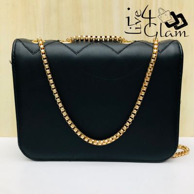 Quilted Diamond Pattern Bag with Gold Shoulder Strap Black