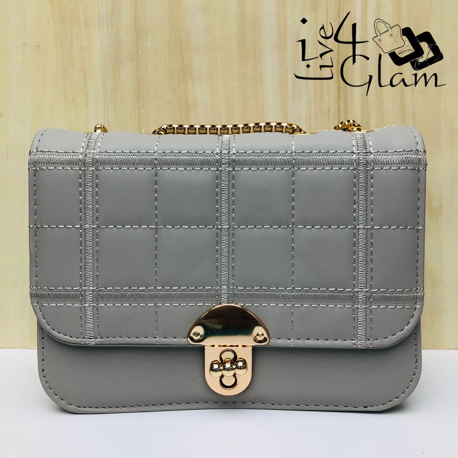 Quilted Square Pattern Bag with Gold Shoulder Strap Gray
