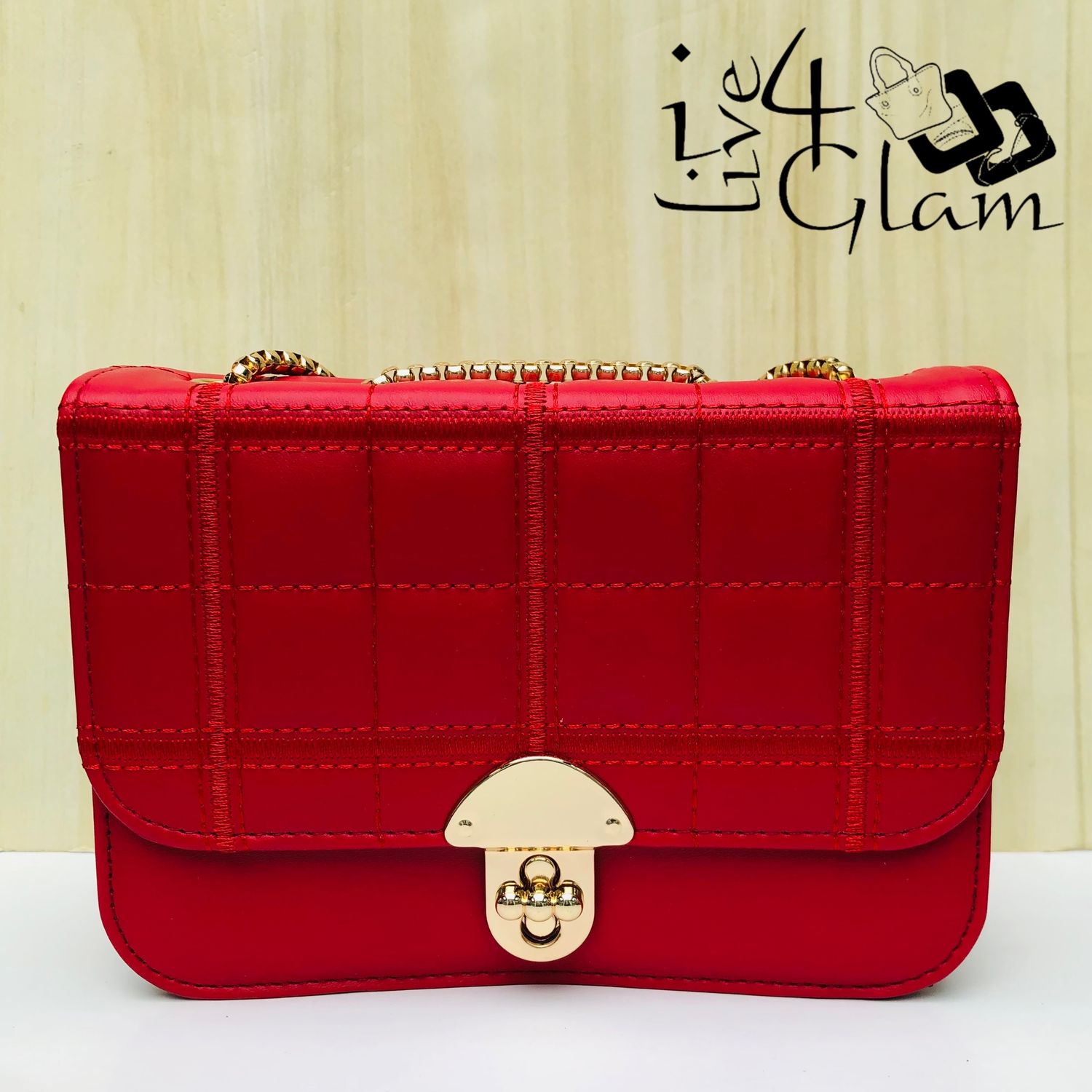 Quilted Square Pattern Bag with Gold Shoulder Strap Red