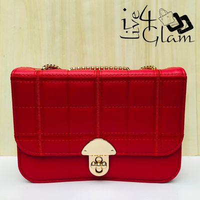 Quilted Square Pattern Bag with Gold Shoulder Strap Red