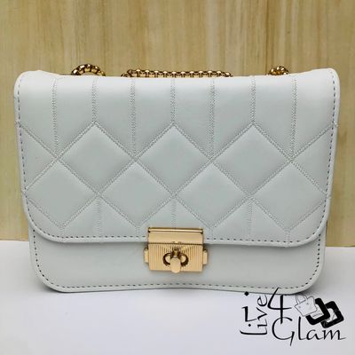 Quilted Diamond Pattern Bag with Gold Shoulder Strap White