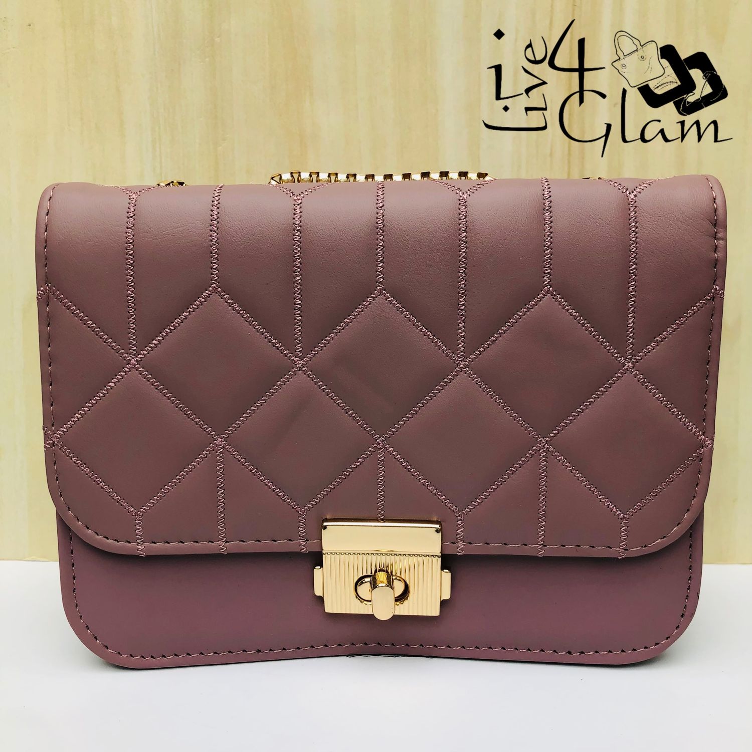 Quilted Diamond Pattern Bag with Gold Shoulder Strap Dusty Pink