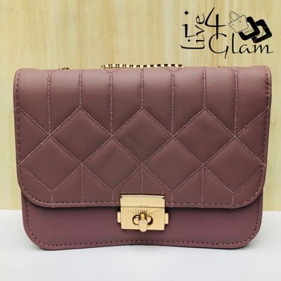 Quilted Diamond Pattern Bag with Gold Shoulder Strap Dusty Pink