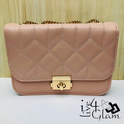 Quilted Diamond Pattern Bag with Gold Shoulder Strap Light Pink