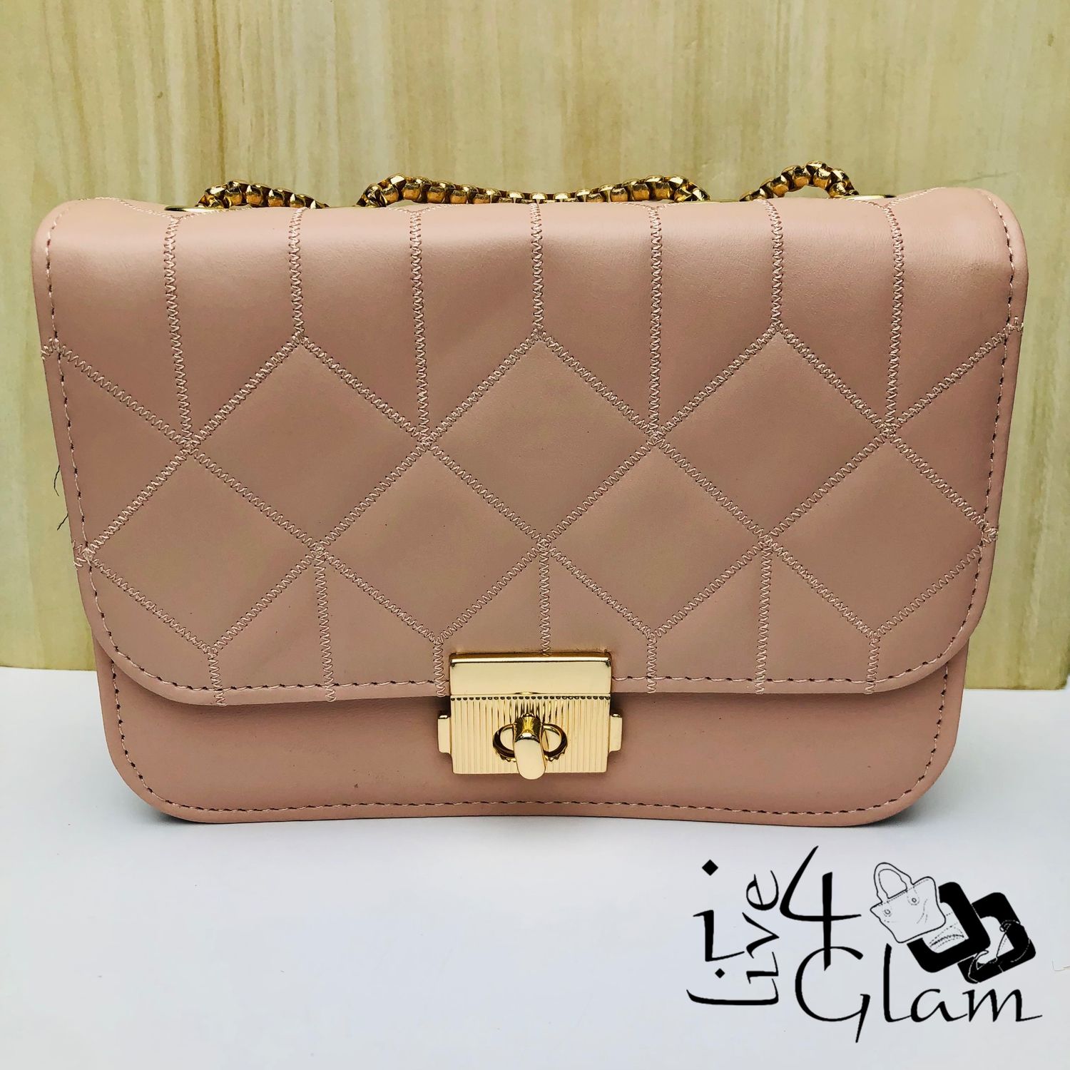 Quilted Diamond Pattern Bag with Gold Shoulder Strap Light Pink