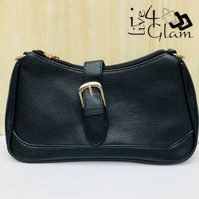 Faux Leather Buckle Detail Shoulder Bag Black