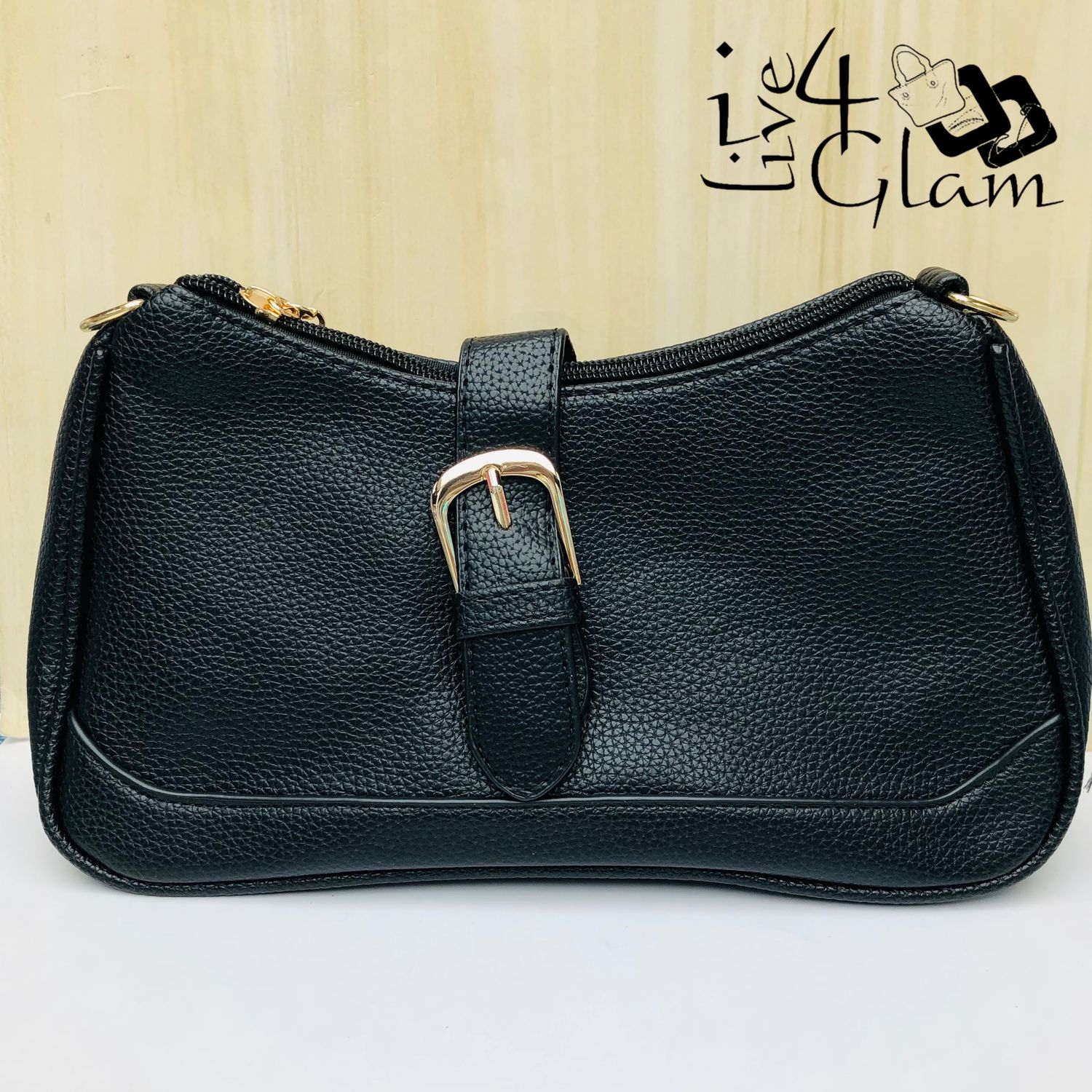 Faux Leather Buckle Detail Shoulder Bag Black