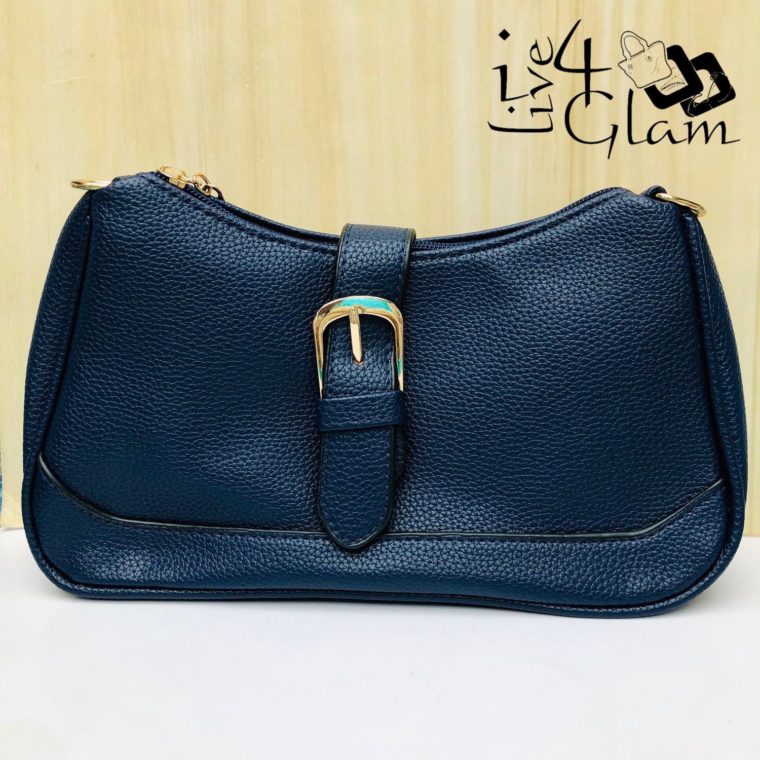 Faux Leather Buckle Detail Shoulder Bag Navy Blue