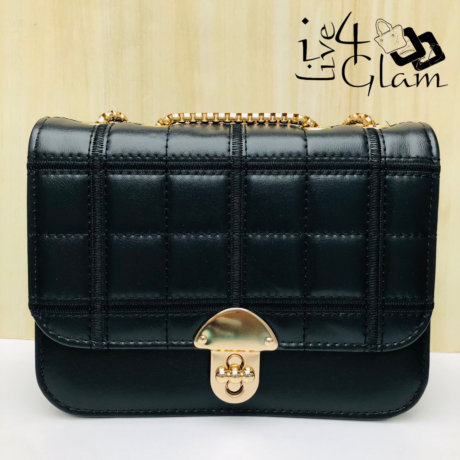 Quilted Square Pattern Bag with Gold Shoulder Strap Black