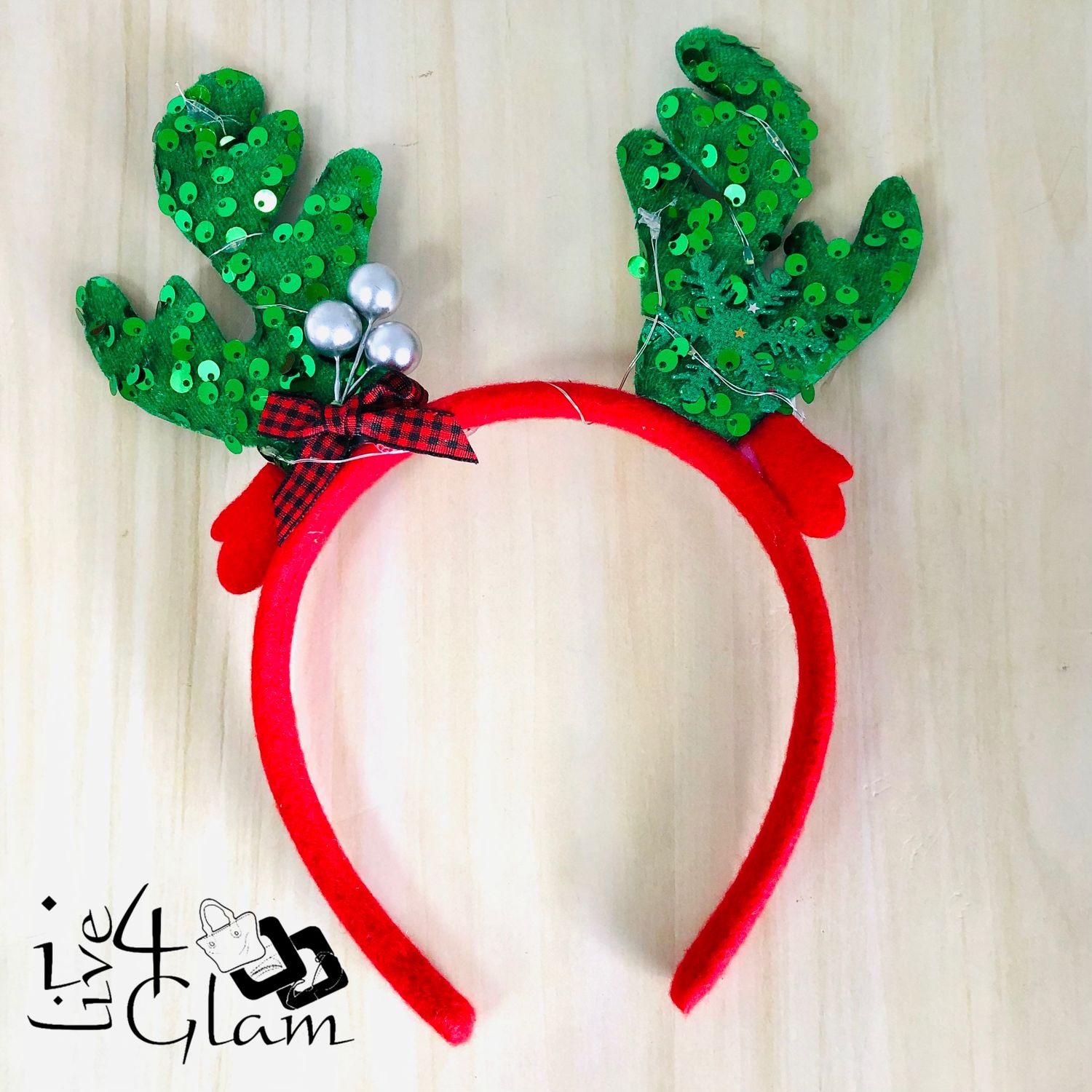 Christmas Reindeer Light Up Bando with Plaid Bow Green