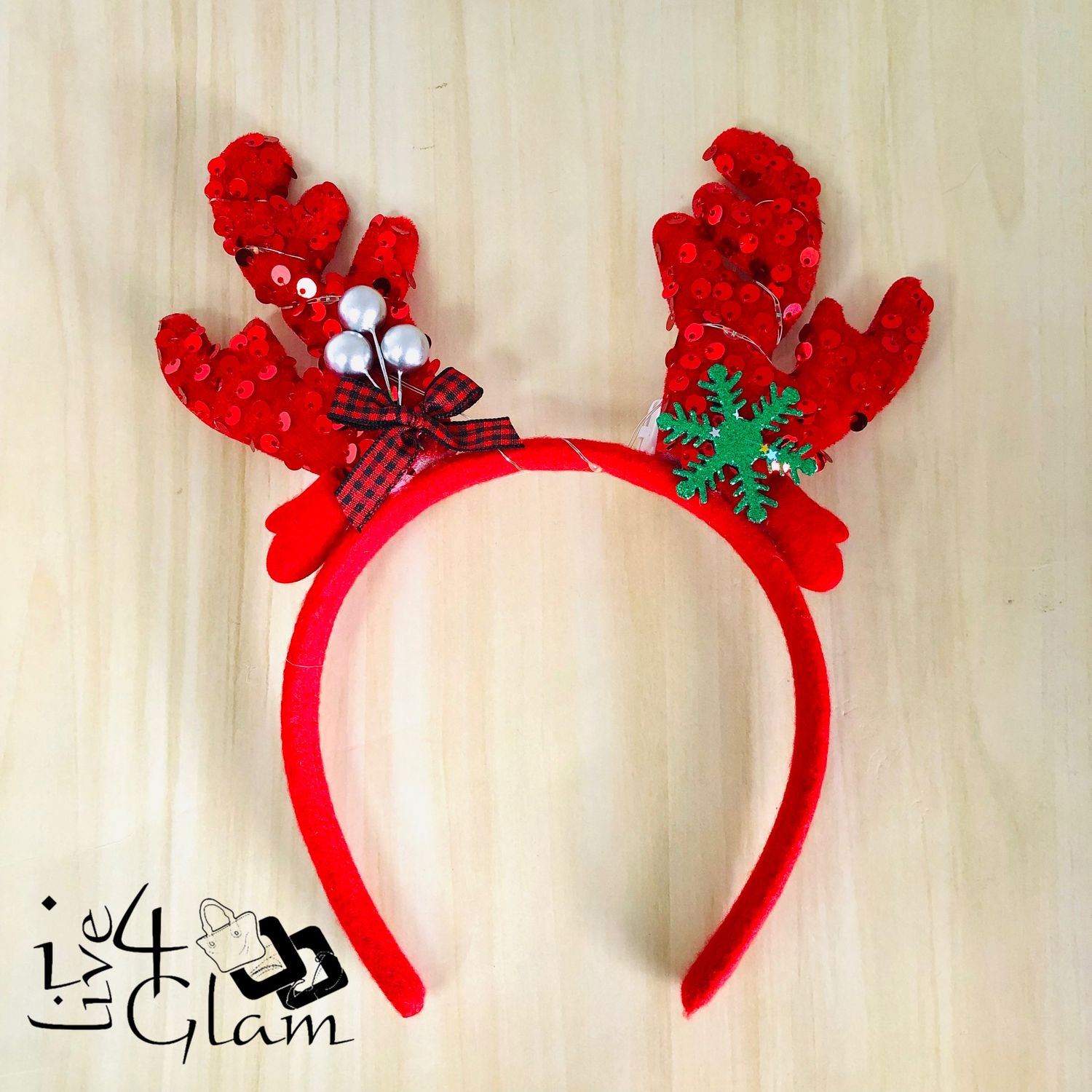 Christmas Reindeer Light Up Bando with Plaid Bow Red