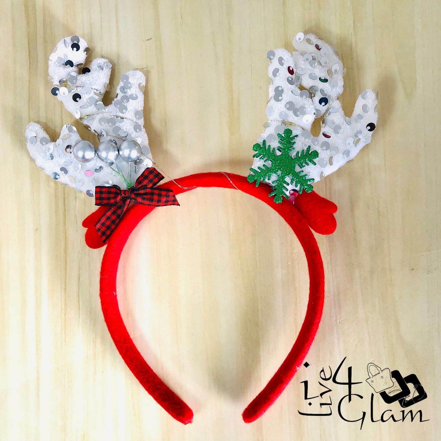 Christmas Reindeer Light Up Bando with Plaid Bow White