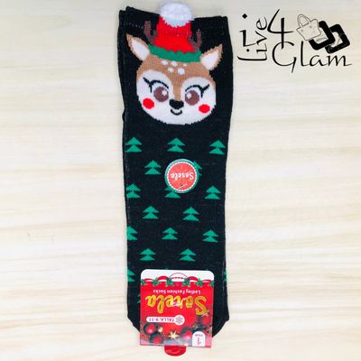 Pair Christmas Socks Black Reindeer
