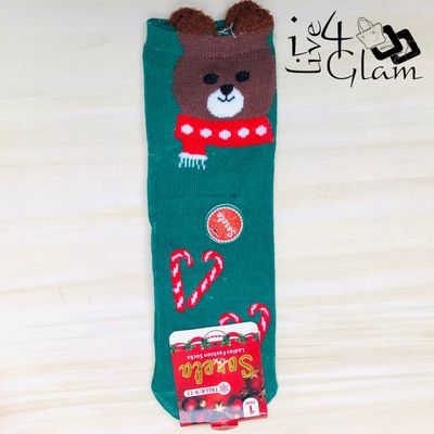 Pair Christmas Socks Green Bear