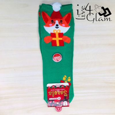 Pair Christmas Socks Green Fox