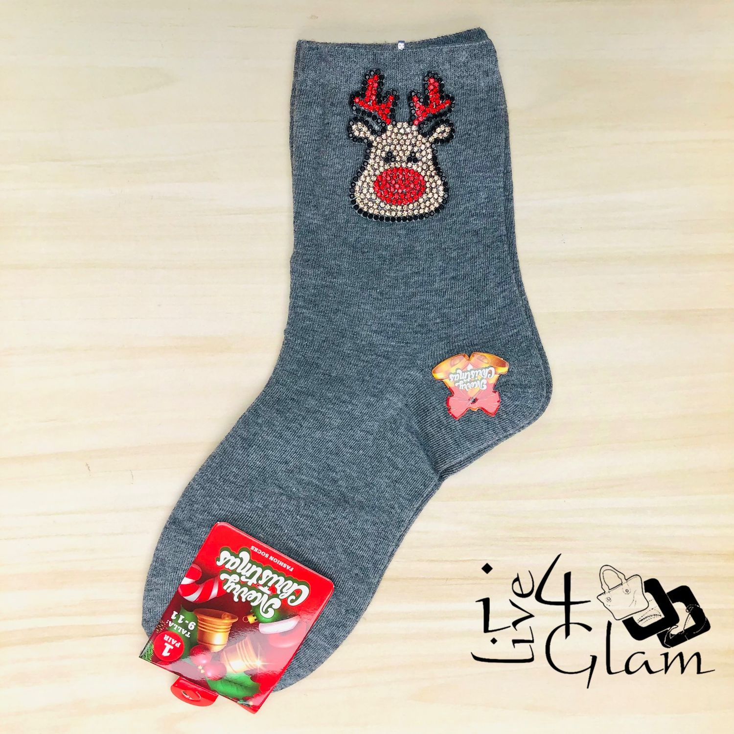 Pair Christmas Socks Sequin Reindeer Gray