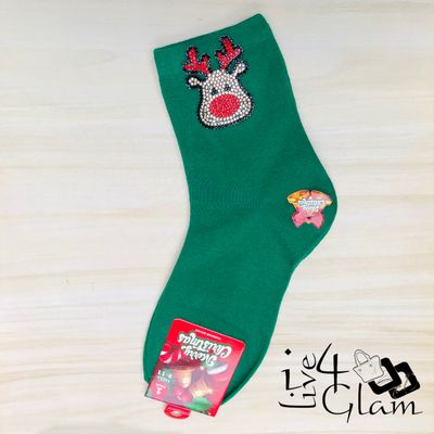 Pair Christmas Socks Sequin Reindeer Green