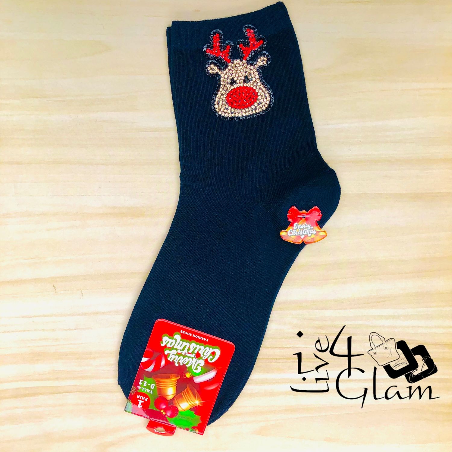 Pair Christmas Socks Sequin Reindeer Navy Blue