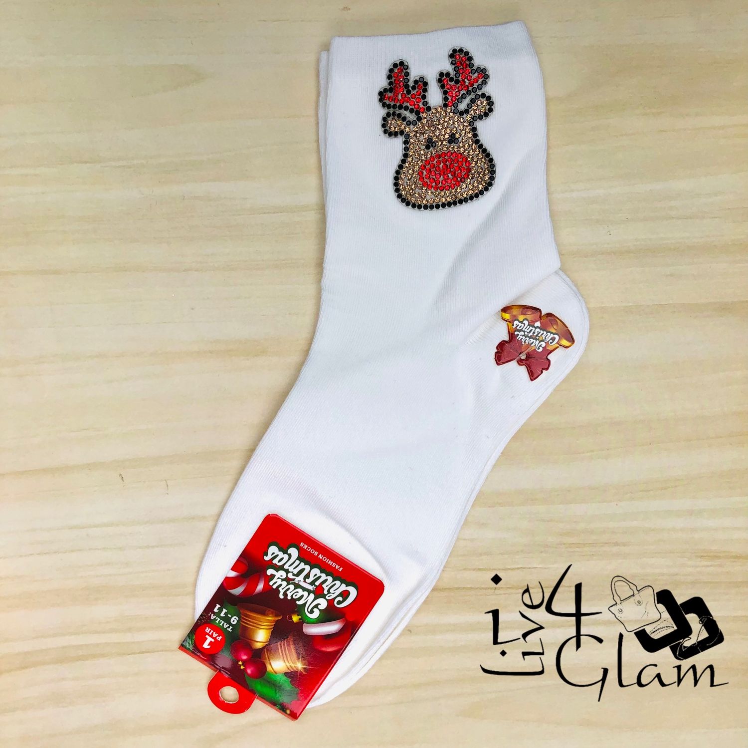 Pair Christmas Socks Sequin Reindeer White