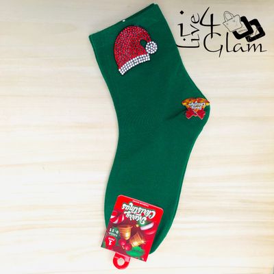 Pair Christmas Socks Sequin Santa Hat Green