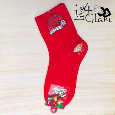 Pair Christmas Socks Sequin Santa Hat Red