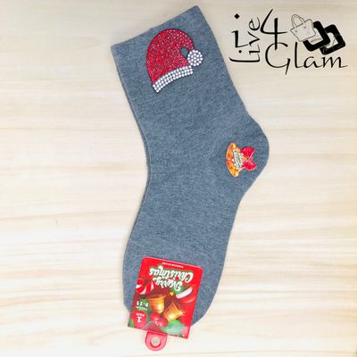 Pair Christmas Socks Sequin Santa Hat Gray