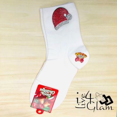 Pair Christmas Socks Sequin Santa Hat White