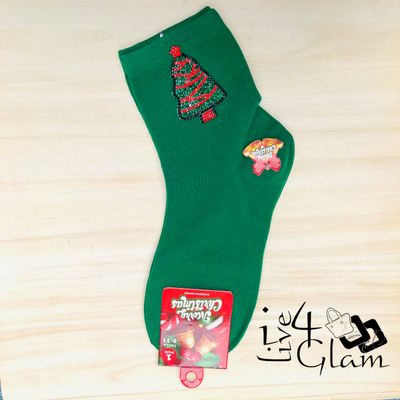 Pair Christmas Socks Sequin Tree Green