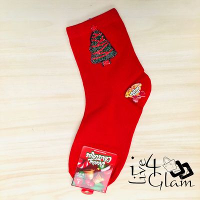 Pair Christmas Socks Sequin Tree Red