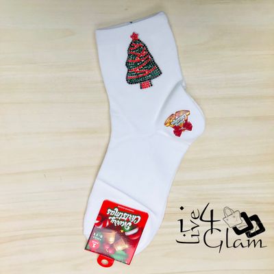 Pair Christmas Socks Sequin Tree White