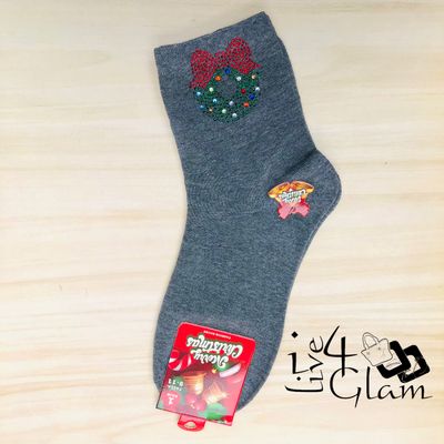 Pair Christmas Socks Sequin Wreath Gray