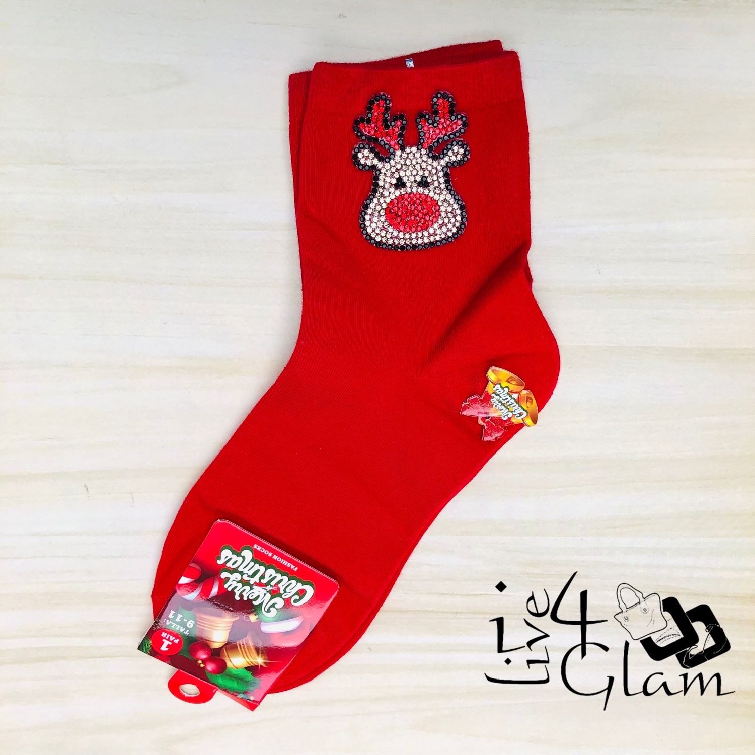 Pair Christmas Socks Sequin Reindeer Red