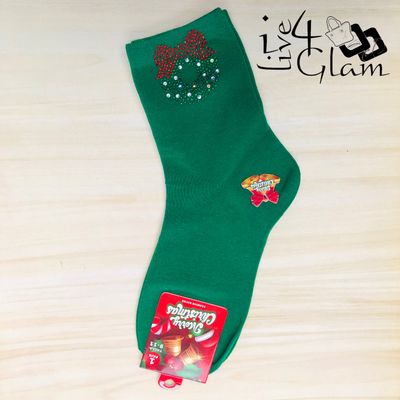 Pair Christmas Socks Sequin Wreath Green